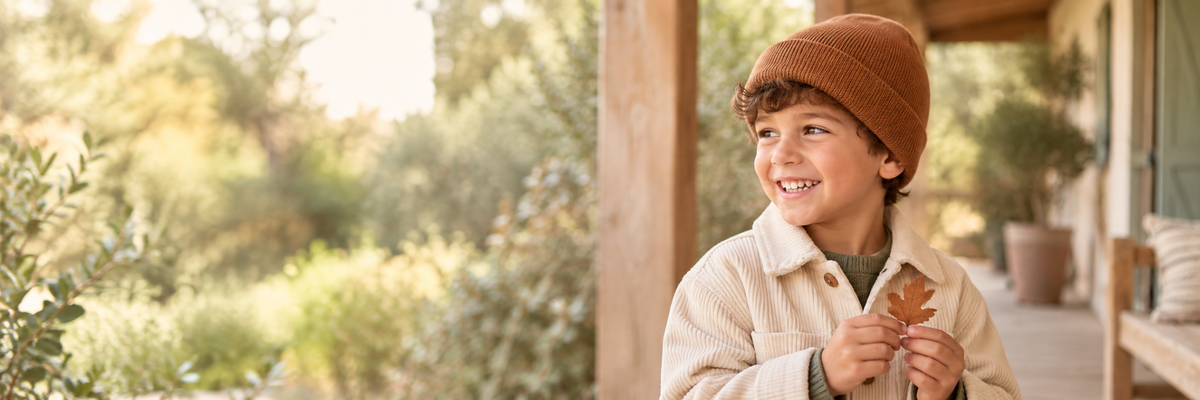 Enfant portant un bonnet caramel